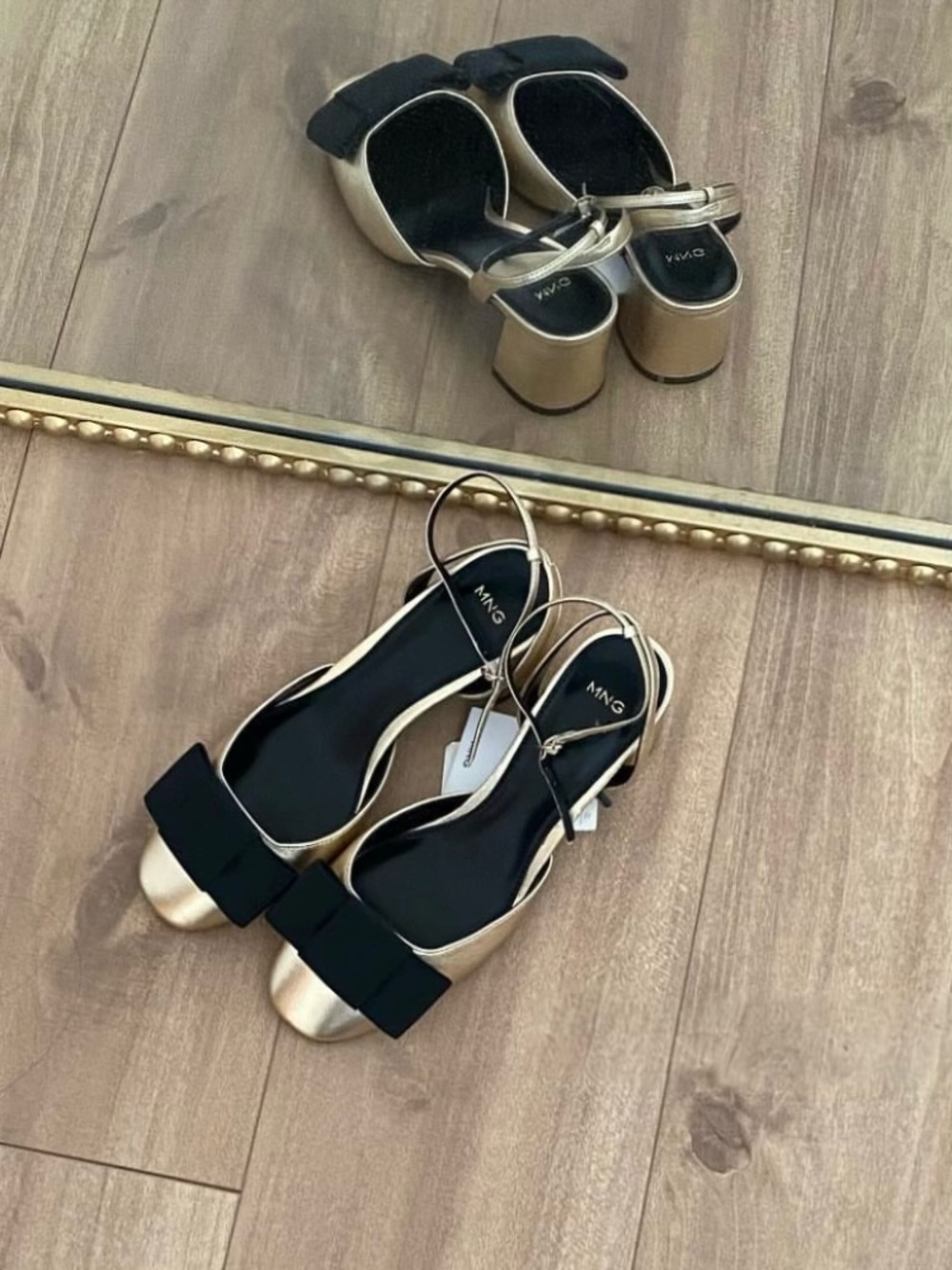 Mango Metallic Gold Slingback Heels with Black Bow